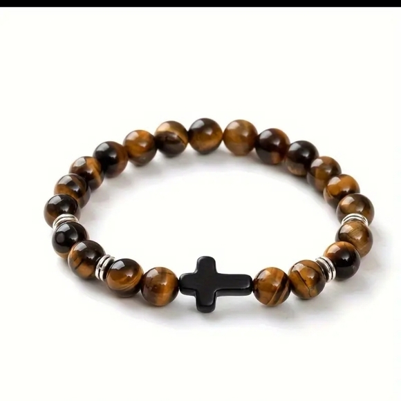 NEW Dark brown beads stretch bracelet with cross - Picture 2 of 3